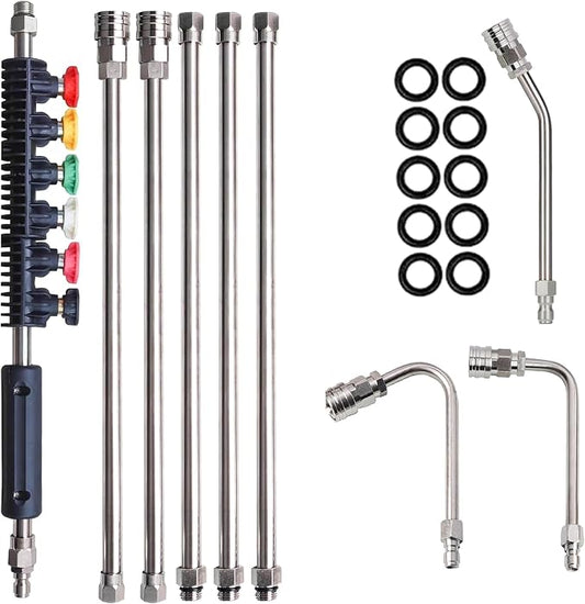 LIULO TOOL 9 Pack Pressure Washer Extension Wand, Stainless Steel Power Washer Lance with 6 Nozzle Tips for Gutter Cleaning, 3 Gutter Cleaner Attachments Curved Rod, 1/4 inch Quick Connect, 4000 PSI