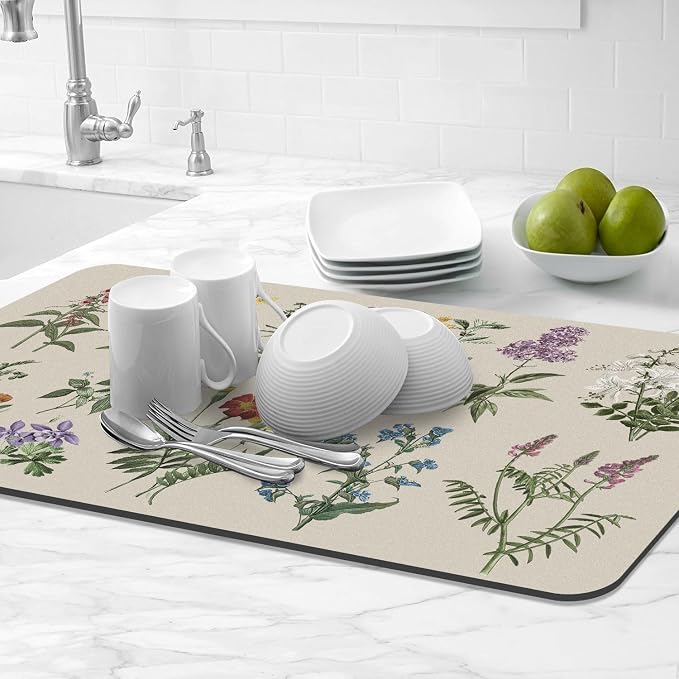LOKHOM Dish Drying Mat for Kitchen Counter, 17"x32" Absorbent Coffee Bar Mat with Vintage Sage Flower Herbs, Dish Drainer Rack Mats for Kitchen Counter Coffee Maker Pot Dining Room Decoration