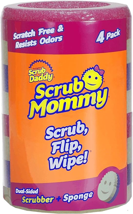 Scrub Daddy, Scrub Mommy - Dual Sided Sponge & Scrubber, Soft in Warm Water, Firm in Cold, FlexTexture, Deep Cleaning, Dishwasher Safe, Multipurpose, Scratch Free, Odor Resistant, Ergonomic, 4ct roll
