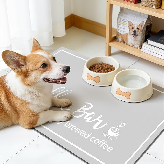 Findosom Dish Drying Mat, 12"x 20" Super Absorbent & Hide Stain Coffee Mat, Cuttable Drying Mat for Kitchen Counter, Coffee Bar Accessories, Under Dish Rack, Coffee Maker, Espresso Machine, LightGrey