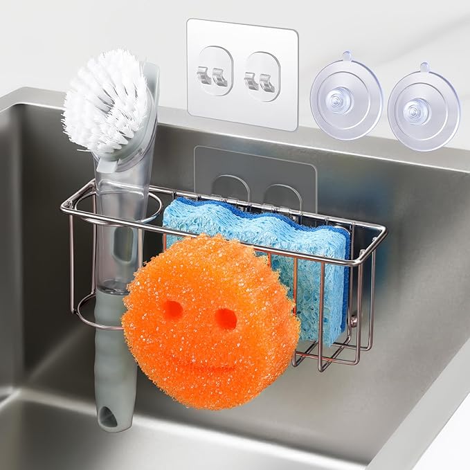 3-IN-1 Multiuse Sponge Holder for Kitchen Sink, Sponge Caddy for Scrub Daddy/Scrub Mommy Smiley Face, Sink Organizer Accessories for Dish Brush, Scrubber - with 2 Suction Cups & 1 Adhesive Hook