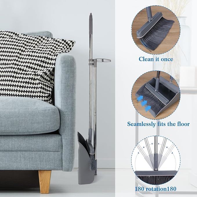 Nosiny 6 Broom and Dustpan Set with 48 Inches Long Handle with Stand up Dustpan Combo Set Large Size and Stiff Broom Dust Pan for Office Kitchen Lobby Floor Use