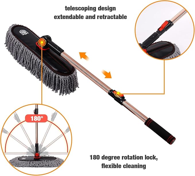 Exterior Car Duster & Brush Kit - Washable Microfiber | Extendable auto mop sweeps pollen scratch-free. Combo with inside detailing tools. Reusable for SUV, truck, RV & home use.