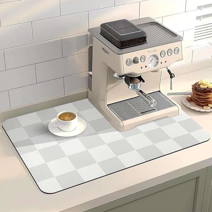 Dish Drying Mat for Kitchen Counter,16"x 24" Super Absorbent Kitchen Dish Drying Pad, Coffee Bar Mat with Rubber Backed, Coffee Bar Accessories for Countertop Dishes Utensils,Grey Checkered