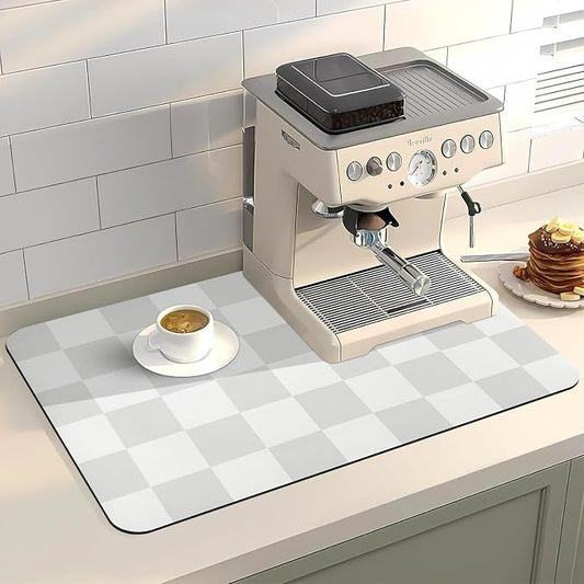 Dish Drying Mat for Kitchen Counter,16"x 24" Super Absorbent Kitchen Dish Drying Pad, Coffee Bar Mat with Rubber Backed, Coffee Bar Accessories for Countertop Dishes Utensils,Grey Checkered