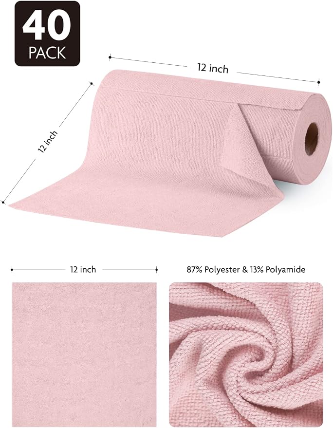 Fantasticlean Microfiber Cleaning Cloth Roll- 40 Sheets, 12" x 12" (Pink) | Super Absorbent, Lint-free, Tear-away Microfiber Towel Roll, for All-Purpose Cleaning, Reusable Alternative to Paper Towels