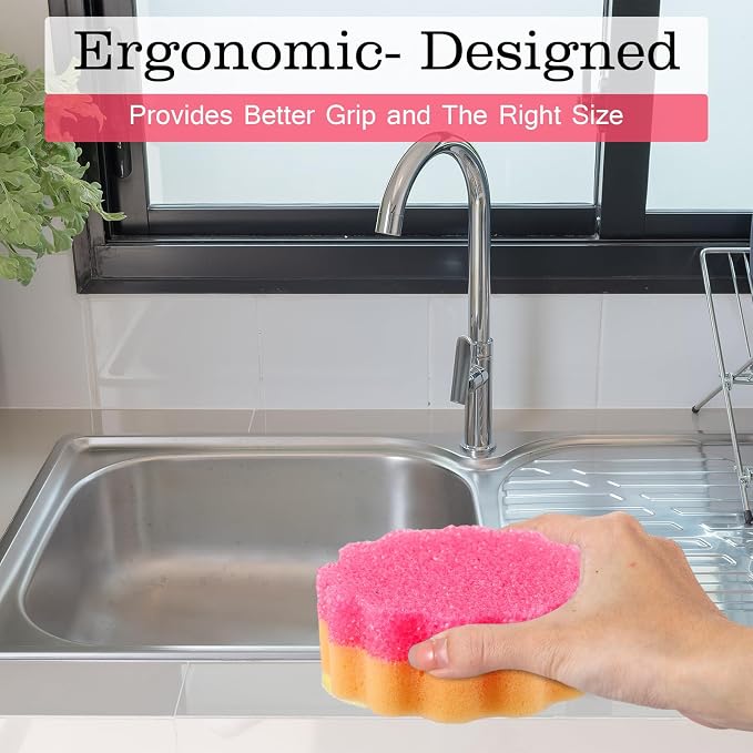 FillTouch 3 Pcs Dual Sided Scrub Sponge Multi Functional Cute Temperature Sensitive Non Scratch Dish Sponge for Washing Dishes Kitchen Bathroom(Flower,Pink)