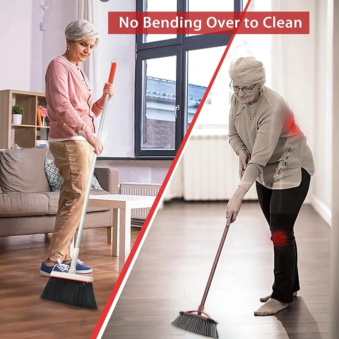 JEHONN Broom and Dustpan Set for Home, Long Handle Lightweight 180 Degree Rotating Broom Set Indoor, Upright Standing Dust Pan with Comb Teeth, Store Sweep Set for Room Kitchen Office (Grey & Red)