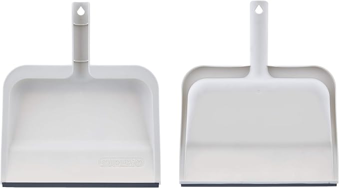 Superio Clip-On Dustpan with Rubber Lip - 10-inch Wide Durable Plastic Dust Pan with Comfort Grip Handle, White, 2-Pack