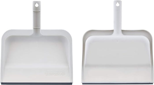 Superio Clip-On Dustpan with Rubber Lip - 10-inch Wide Durable Plastic Dust Pan with Comfort Grip Handle, White, 2-Pack