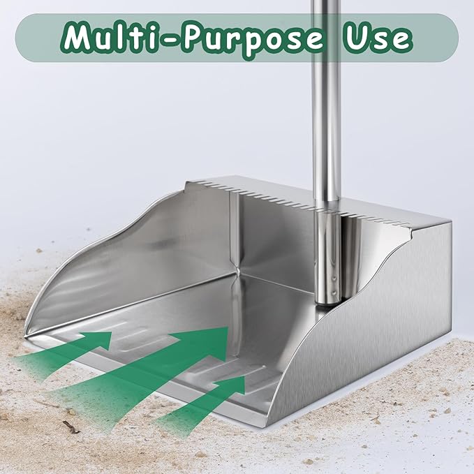 Dust Pans with Long Handle,Heavy Duty Metal Dust Pan with Dust Pan Teeth | Stand Up Dustpan with 3pcs Adjustable Handle,Stainless Steel Dust Pan with Teeth to Clean Hair for Home,Outdoor,Office,Garden