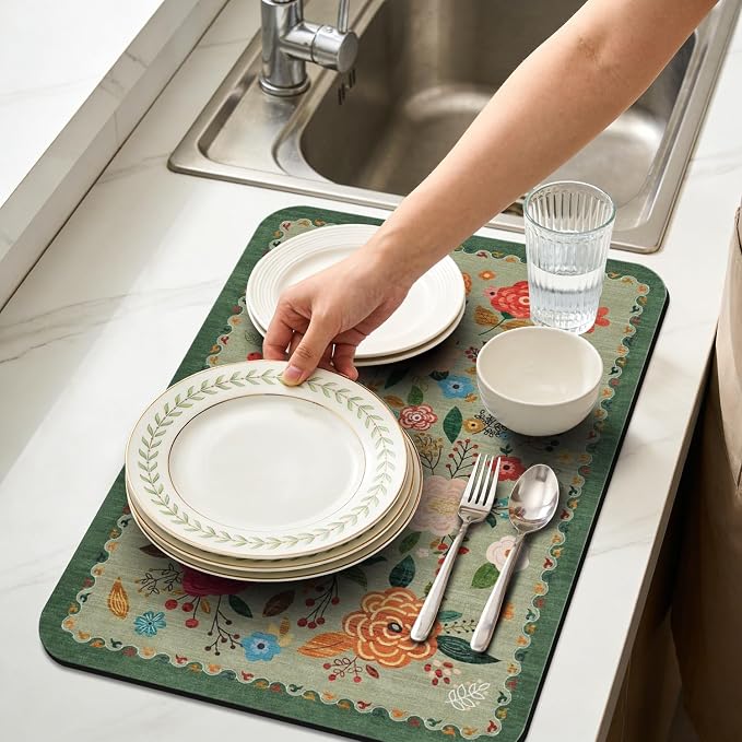 Dish Drying Mat for Kitchen Counter 17x32 Inch, Boho Quick Dry Coffee Mat | Made of super absorbent diatomite that quick dries dishes, coffee machine & sink area. Non-slip rubber base for countertop