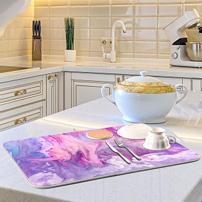 Super Absorbent Dish Drying Mat, Microfiber Fast-Drying Dish Mat, 24" x 18" , Kitchen Dish Drying Pad, Abstract Purplr Pink Marble Paint