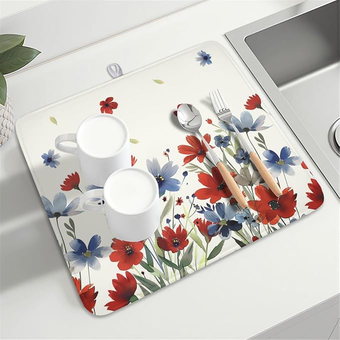4th of July Floral Dish Drying Mat for Kitchen Counter 16 x 18 Inch Patriotic Dish Drainer Mat Absorbent Microfiber Independece Day Dish Rack Pad for Coffee Dining Bar Decor