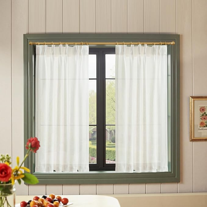 jinchan Linen Pinch Pleated Back Tab Tier Curtains, 38x45, 2 Panels, White | Light filtering,small window treatment,cafe curtains,machine washable,farmhouse,kitchen,bathrooms,laundry