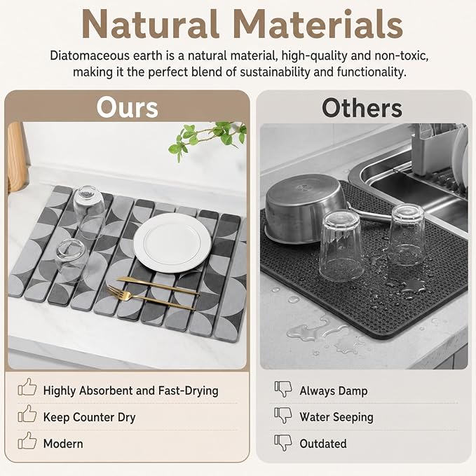 Large Stone Dish Drying Mat for Kitchen Counter, Quick Dry Diatomaceous Earth Dish Drying Pad, Foldable Water Absorbing Organizer Pad for Plates Bottles Utensils (Dark Gray Geometric 24"×16" & 8"×4")