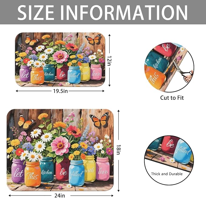 Dish Drying Mat 2-Pack in Mason Jar Floral for Kitchen Counter Dishes Mat | Diatom Mud Mats (18x24, 19.5x12"). Non-slip rubber back for kitchen counter, coffee bar & sink scenes