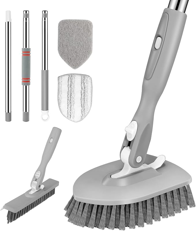 SetSail 4-in-1 Tile Tub Floor Scrubber with V-Shaped Grout Brush, Gray | with 3 Detachable Replacement Brush Head, Multi-Angle Cleaning Locks at 45°, 90°, 180° for Bathroom Kitchen Walls Tub Tile