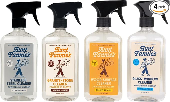 Aunt Fannie's Specialty Cleaning Spray Variety Pack, 16.9 oz, 4 Pack | Removes Smudges & Residue, Streak-Free, Safe for Appliances Marble Quartz Glass & Finished Wood, Made in the USA
