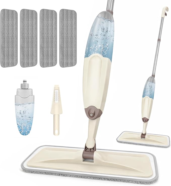 HOMTOYOU Wet Mop for Floor Cleaning: Spray Mop for Multi-Surface Floors | Wet Dry Use, 4 Pcs Microfiber Washable Pads, 400+ML Refillable Bottle, 360° Swivel Head, Beige