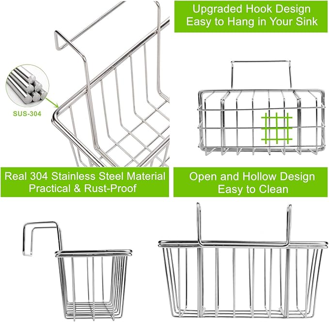 Kitchen Sponge Holder - JIANYI Stainless Steel Holder, Kitchen Sink Caddy, Dishwashing Liquid Drainer Rack - Sink Organizer for Sponge Brush Soap Towel and Sink Supplies