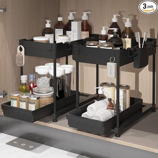 Sevenblue 2 Packs Under Sink Organizer, 2 Tier Under Kitchen Sink Organizer, Multi-Purpose Storage Shelf for Kitchen Bathroom Cabinet, Deep-Black,12.85 Inches