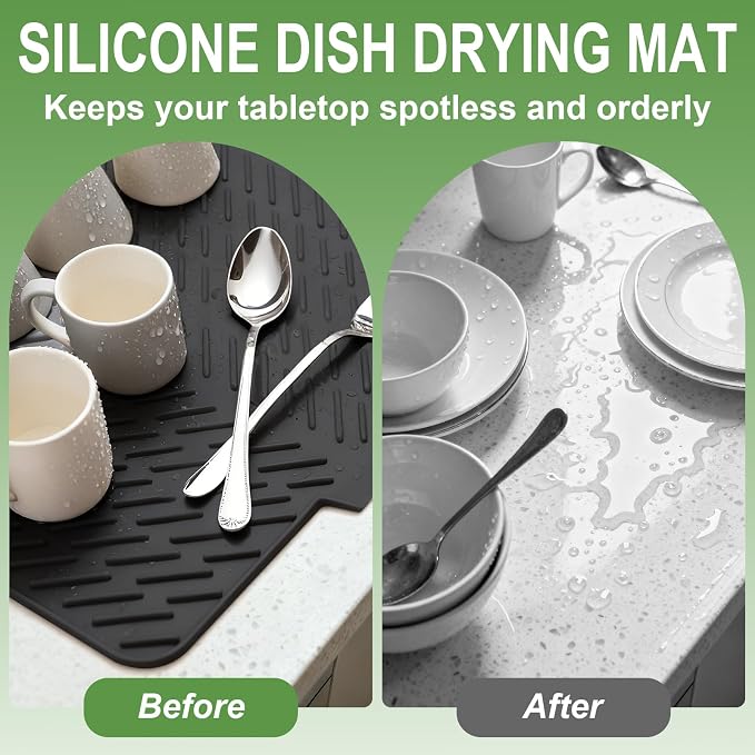 Silicone Drying Mat, 23"X17" With Built-in Drain Lip,Heat-Resistant,Eco-friendly,Hygienic Drying Pad,Leak-Proof and Non-Slip,Silicone Dish Drying Mat for Kitchen Counter or Sink（Black 23X17）