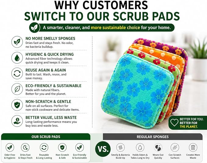 Reusable Dish Scrubbers (4 Pack) – Odor-Free Sponge Alternative, Non-Scratch Kitchen Scrubber for Dishes, Pots & Pans – Long-Lasting, Eco-Friendly Cleaning Pads