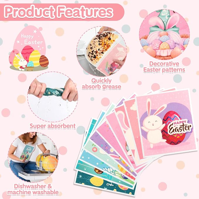Easter Swedish Dishcloth Set of 10, Super Absorbent Swedish Kitchen Dish Cloths Reusable Paper Towels Cleaning Rags for Dishes Quick Drying, Easter Cute Bunny Rabbit Egg Prints Decorative Wipes