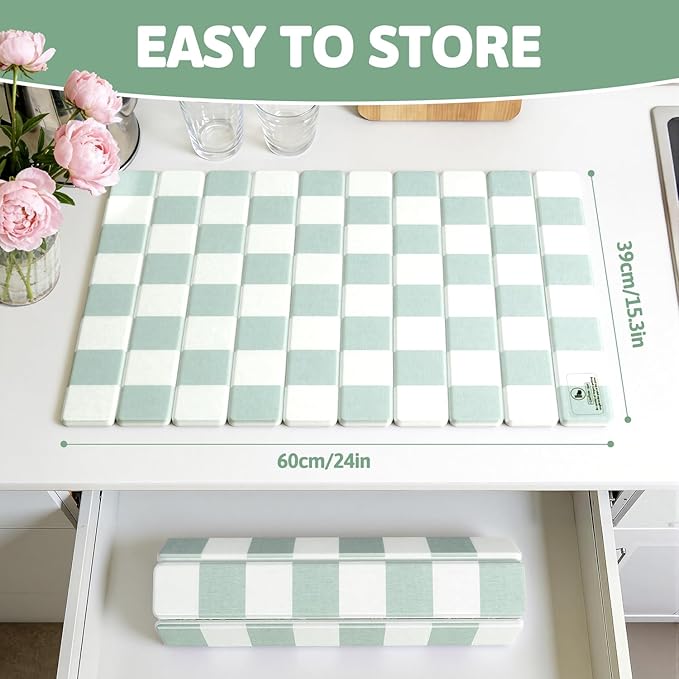 Yamaziot Large Stone Drying Mat for Kitchen Counter, 15.3"x24" Foldable Ultra Absorbent Stone Drying Mat, Quick-Dry Diatomaceous Earth Mat, Non-Slip Heat Resistant Mat for Dishes, Cups, Bottles, Green