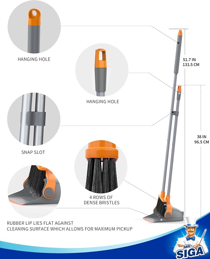 MR.SIGA Broom and Dustpan Set with Adjustable Long Handle, Gray & Orange | Stand upright broom with dustpan combo for home, office and garage easy sweeping and storage. 51.7"(131 cm) broom handle