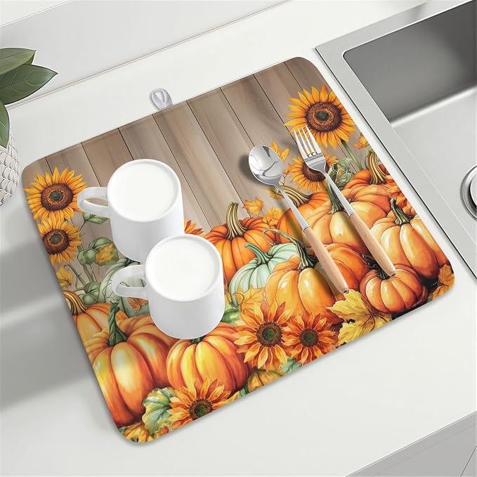 Fall Orang Pumpkin Dish Drying Mat for Kitchen Counter 16 x 18 Inch Autumn Sunflower Dish Drainer Mat Absorbent Microfiber Thanksgiving Wooden Dish Rack Pad for Coffee Dining Bar Decor