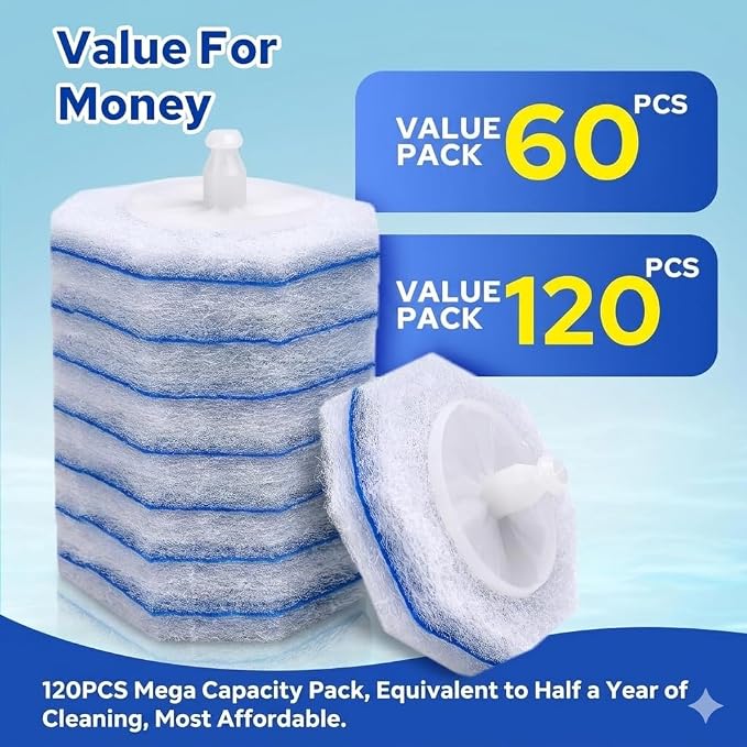 120pcs Disposable Toilet Brush Refills, Bulk Toilet Bowl Cleaner Refill Pads, Compatible with Most Toilet Cleaning Wands, High-Value Scrubber Replacement Heads, 120 Count