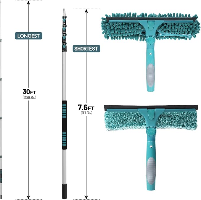 TelesPro 36 Feet High Reach Window Squeegee with 7-30 Ft Extension Pole, Window Cleaner Tool with 5-Stage Telescoping Pole, Window Cleaning Kit with Rotatable Head (2 Squeegee & 2 Microfibre Cloths)