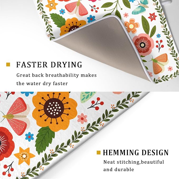 Colorful Boho Floral Dish Drying Mat 18x24 Inch Dishes Dry Pad Drainer Rack Mats Absorbent Hanging Loop Kitchen Counter Bar Accessories