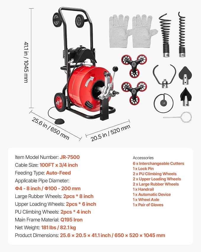 VEVOR Drain Cleaner Machine 100 FT x 3/4 Inch, Auto Feed Sewer Snake Auger, Portable Drain Cleaning Machine with Multi-Wheel Combination, 6 Cutters & Air-Activated Foot Switch for 4" to 8" Pipes
