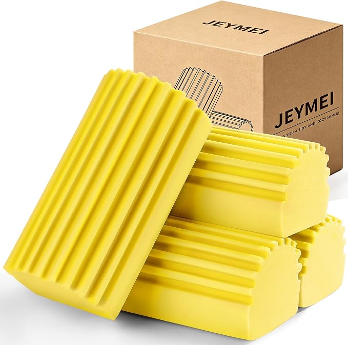 Jeymei Damp Clean Duster Sponge,4Pcs Yellow Dust Sponge for Cleaning | Damp Dusting Sponge with Ridges,Baseboard Cleaning Tool,Reusable Wet Duster Sponge,Household Cleaning Sponges for Blinds