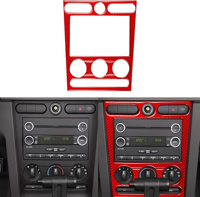 Red Real Carbon Fiber Trim for Ford Mustang Accessories | for GT Shelby 2005 2006 2007 2008 2009 A/C CD Player Panel Cover Interior Thick Overlay Decal 3PCs