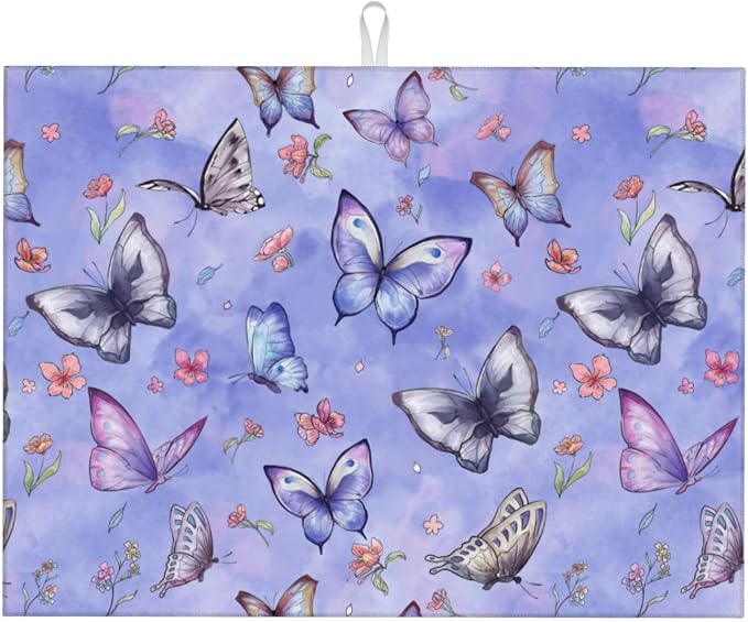 Butterfly Dish Drying Mat for Kitchen Counter Cute Kitchen Mat Microfiber Kitchen Countertop Absorbent Reversible Drainer Rack Pad Dish Drying Mat 18 x 24 Inch