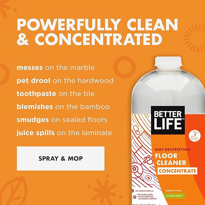 Better Life Floor Cleaner Concentrate - Liquid Multipurpose Cleaner for Wood, Tile, Laminate, Vinyl, Bamboo - Hardwood Floor Cleaner for Mopping - Citrus Mint 1 Gal Concentrate