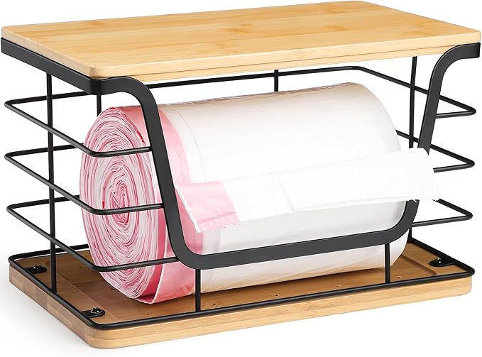 ALOCEO Large Wire Basket for Kitchen Pantry, Stainless Steel Kitchen Counter Organizer for Potato Onion, Trash Bag Dispenser Under Sink with Bamboo Top, Black