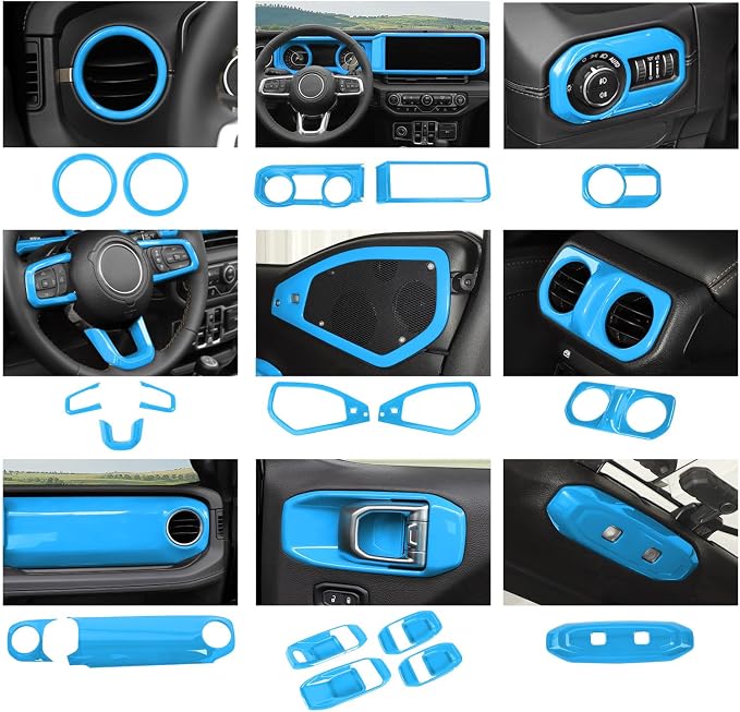 21PCS Full Set Interior Trim Kit for 2024-2026+ Jeep Wrangler JL JLU & Jeep Gladiator JT, Dashboard Side Outlet Door Handle Bowl Headlight Switch Roof Reading Light Cover (Light Blue)