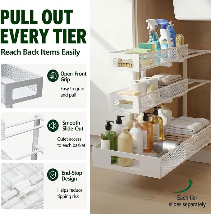 3 Tier Under Sink Organizer,1 Pack Pull Out Cabinet Shelves with Adjustable Height,Heavy Duty Carbon Steel L-Shaped Storage for Kitchen Bathroom Sink,Pantry & Laundry,White