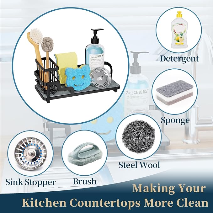 Consumest Sponge Holder for Kitchen Sink - Sink Caddy Organizer with Water Absorbing Stone Tray, Detachable Brush Holder, Stainless Steel Kitchen Counter Organizer Rack, Black
