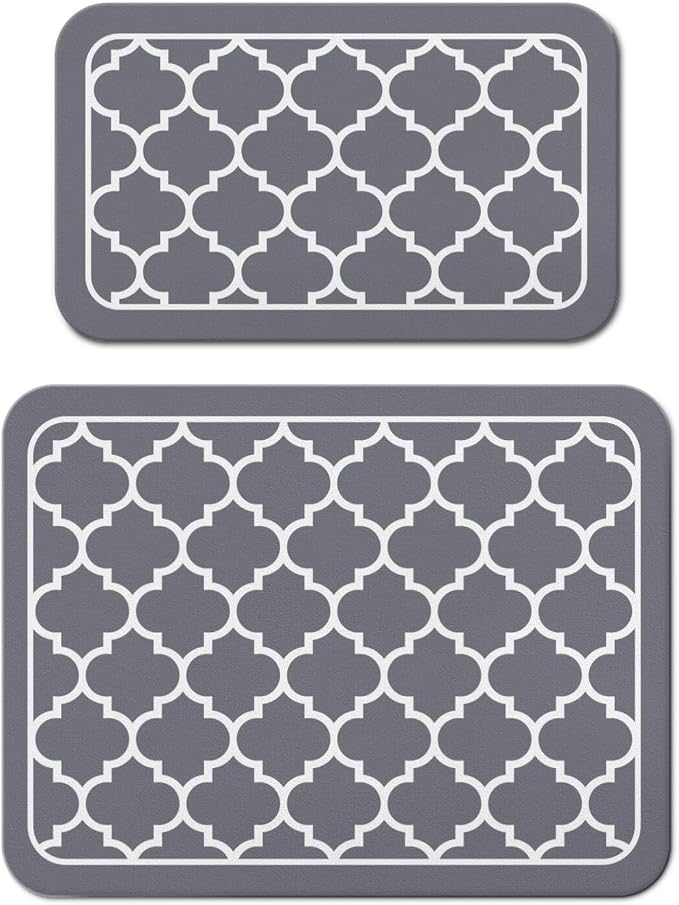 Dish Drying Mat 2-Pack in Grey Quatrefoil for Kitchen Counter Dishes Mat | Diatom Mud Mats (18x24, 19.5x12"). Non-slip rubber back for kitchen counter, coffee bar & sink scenes