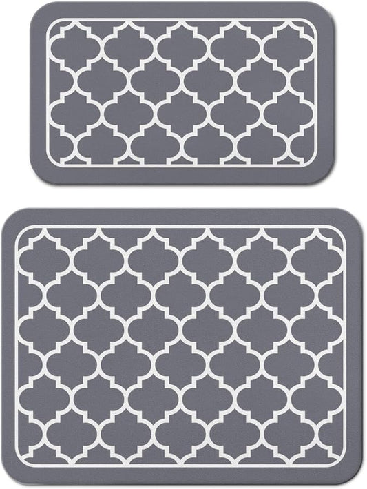 Dish Drying Mat 2-Pack in Grey Quatrefoil for Kitchen Counter Dishes Mat | Diatom Mud Mats (18x24, 19.5x12"). Non-slip rubber back for kitchen counter, coffee bar & sink scenes