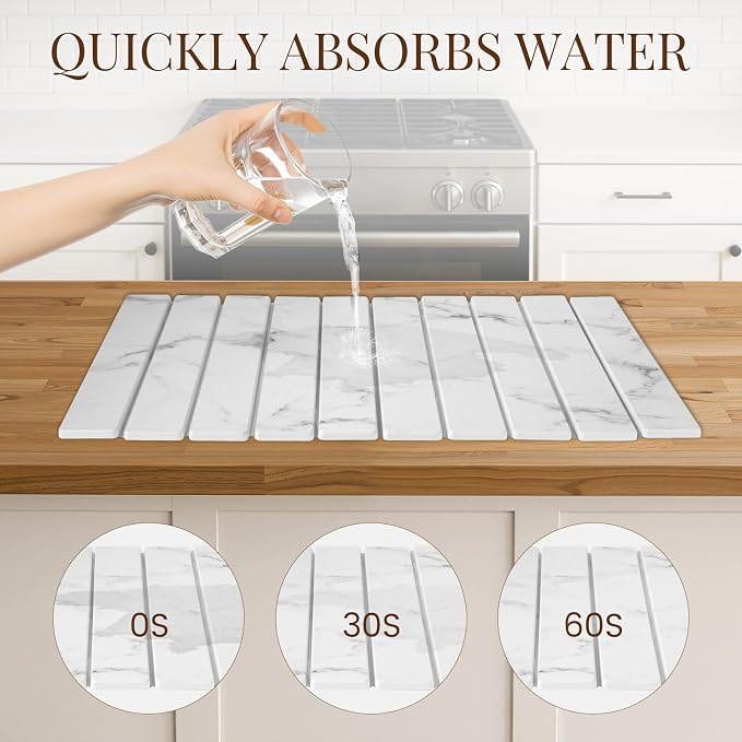Large Stone Dish Drying Mats for Kitchen Counter 24"(L)×16"(W) Foldable Quick Dry Stone Dish Drying Mats Kitchen Absorbent Diatomaceous Earth Drying Stone Mat for Dishes Bottles Cups Marble White