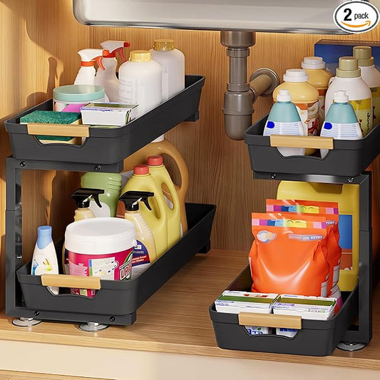Homde Sliding Under Sink Organizer: 2 Pack 2-Tier Cabinet Shelf with Upper & Lower Pull-Out Baskets - C-Shaped 3 Adjustable Heights for Kitchen Bathroom