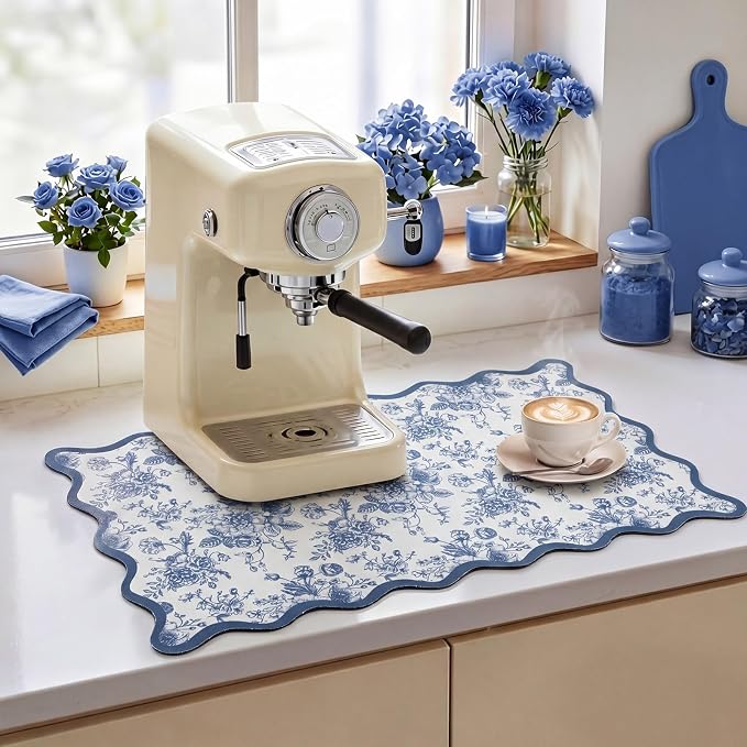 Scalloped Chinoiserie Blue Floral Dish Drying Mat 12"x20" Absorbent Coffee Mat Cuttable Hide Stain Non-slip Drying for Kitchen Counter Coffee Maker Espresso Machine