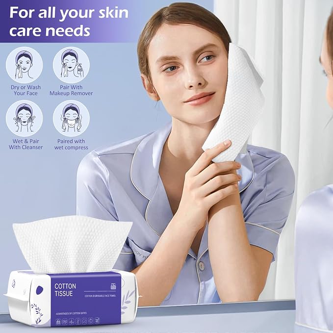 Disposable Face Towel 600 Count, Face Clean Towels, Soft Cotton Dry Wipes Facial Cloths Towelettes for Washing and Drying, Facial Tissue for Cleansing, Skincare and Makeup Remover